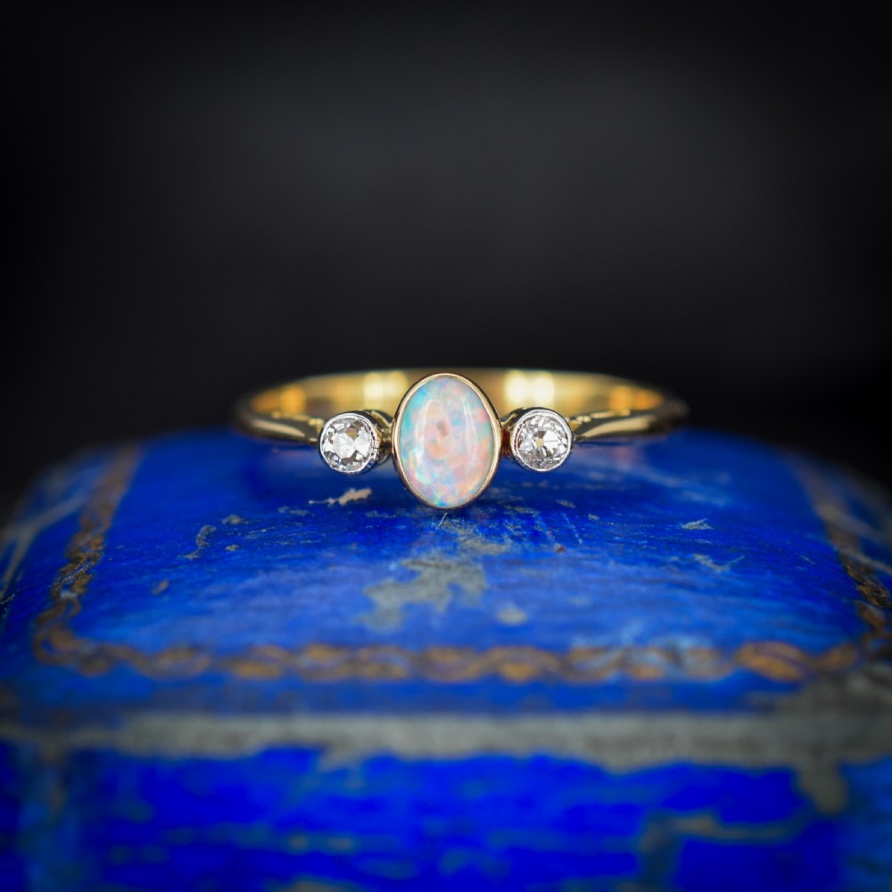 Antique Old Cut Diamond and Opal Three Stone 18ct Gold Ring Band View II