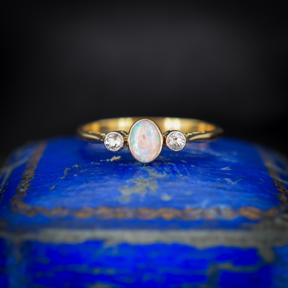 Antique Old Cut Diamond and Opal Three Stone 18ct Gold Ring Band View III