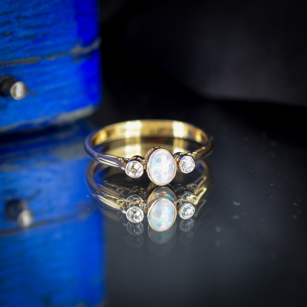 Antique Old Cut Diamond and Opal Three Stone 18ct Gold Ring Band View IV