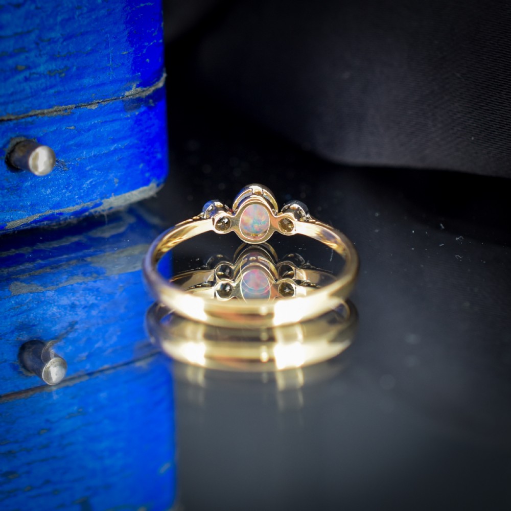Antique Old Cut Diamond and Opal Three Stone 18ct Gold Ring Band View VI