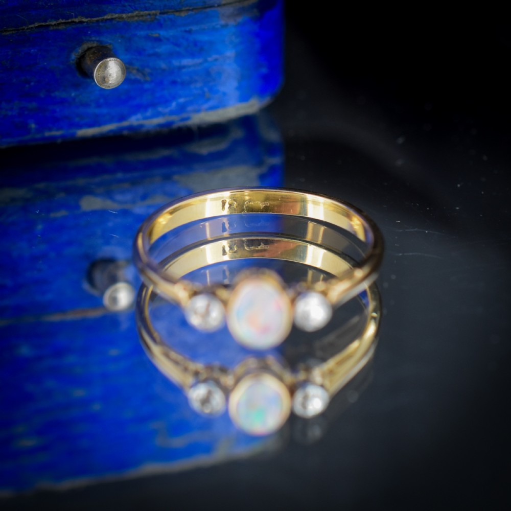 Antique Old Cut Diamond and Opal Three Stone 18ct Gold Ring Band View VII