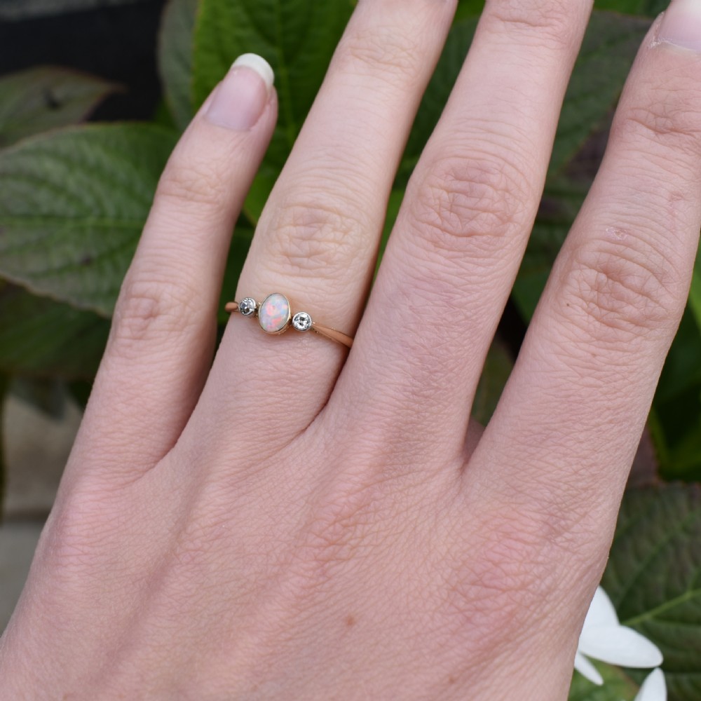 Antique Old Cut Diamond and Opal Three Stone 18ct Gold Ring Band View VIII