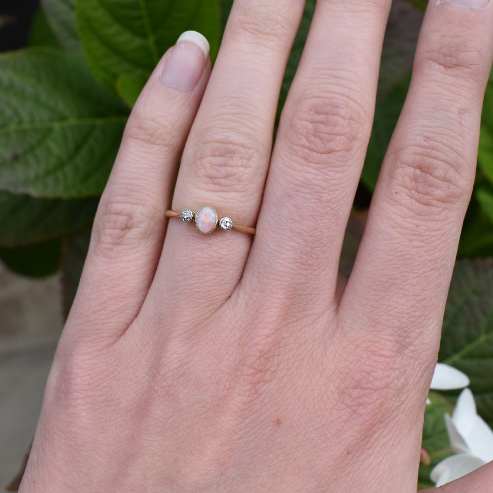 Antique Old Cut Diamond and Opal Three Stone 18ct Gold Ring Band View X