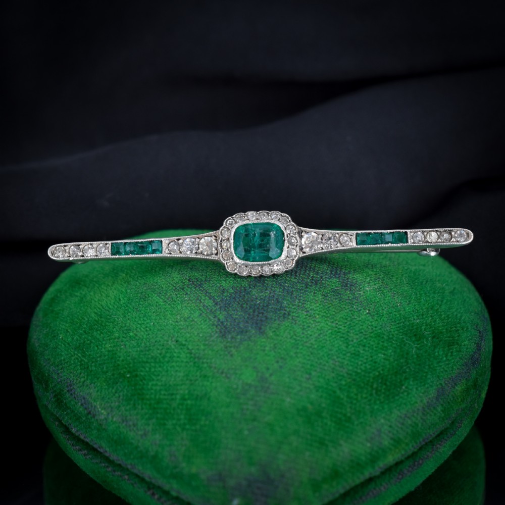 Antique Art Deco Emerald Paste Silver Bar Brooch Pin View II
