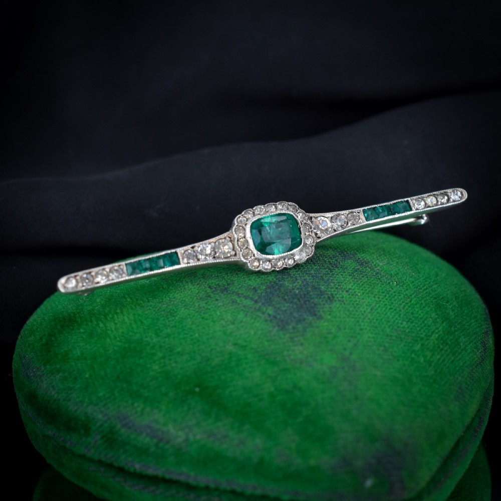 Antique Art Deco Emerald Paste Silver Bar Brooch Pin View III
