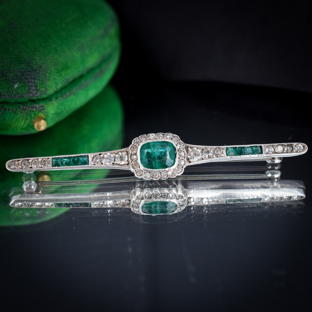 Antique Art Deco Emerald Paste Silver Bar Brooch Pin View IV
