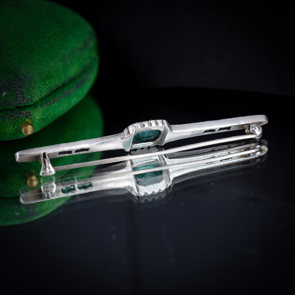 Antique Art Deco Emerald Paste Silver Bar Brooch Pin View V