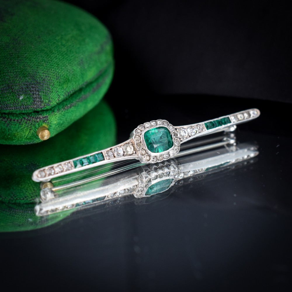 Antique Art Deco Emerald Paste Silver Bar Brooch Pin View VI