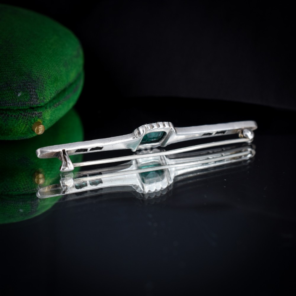 Antique Art Deco Emerald Paste Silver Bar Brooch Pin View VII