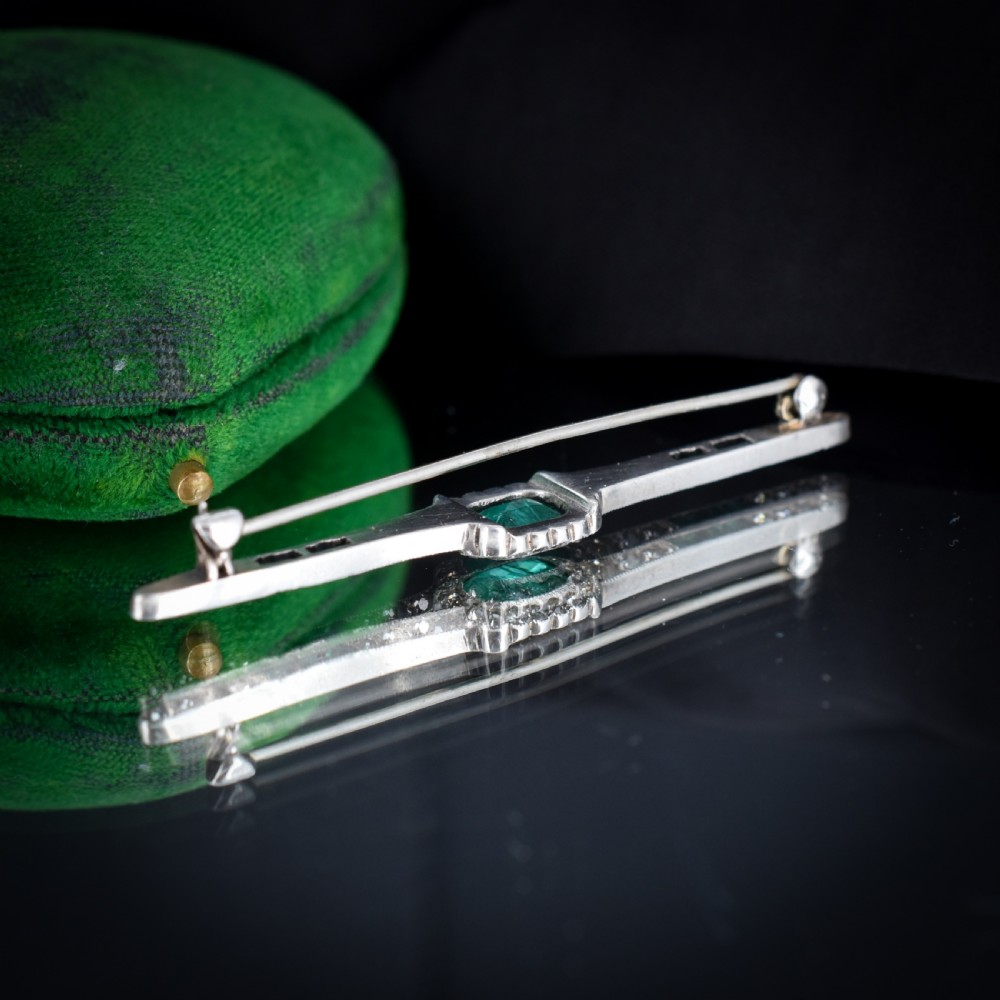 Antique Art Deco Emerald Paste Silver Bar Brooch Pin View VIII