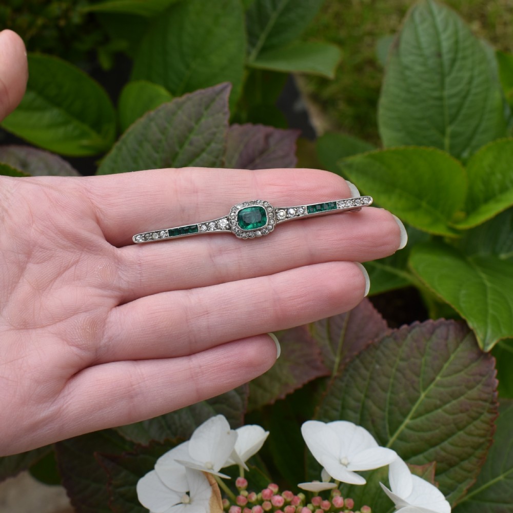 Antique Art Deco Emerald Paste Silver Bar Brooch Pin View IX