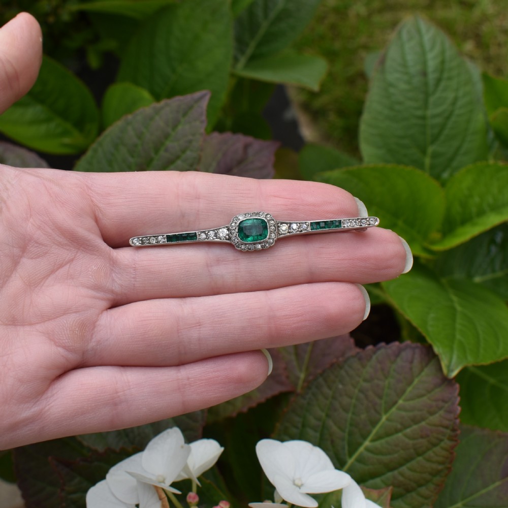 Antique Art Deco Emerald Paste Silver Bar Brooch Pin View X