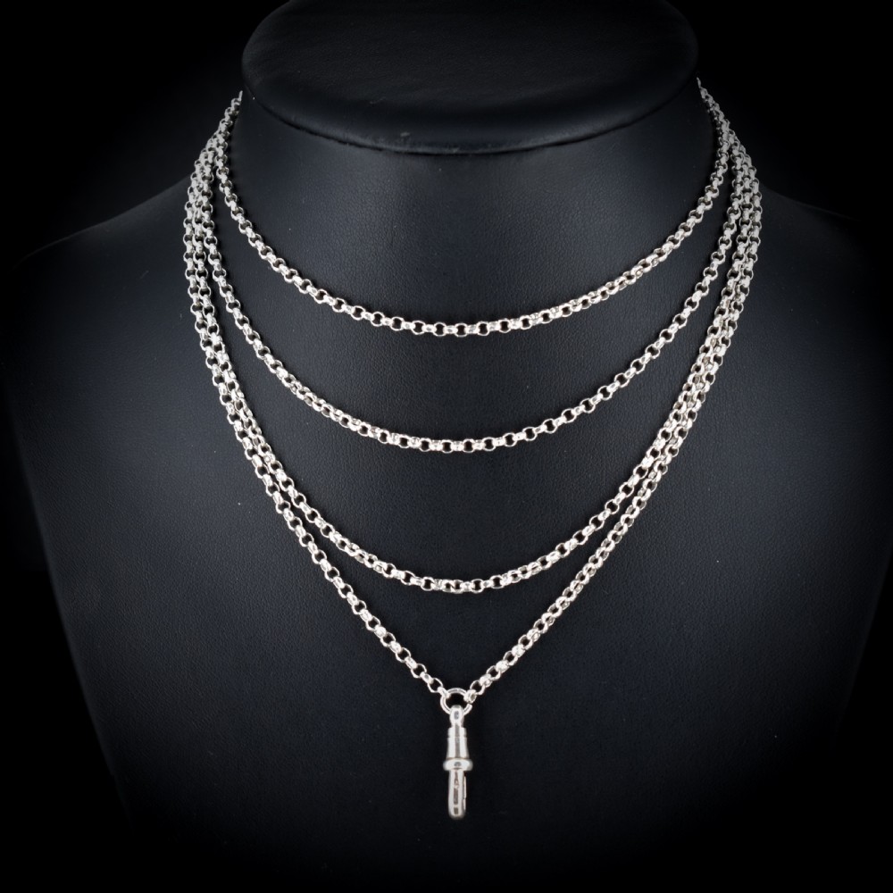 Antique Sterling Silver Long Faceted Guard Chain Necklace 56