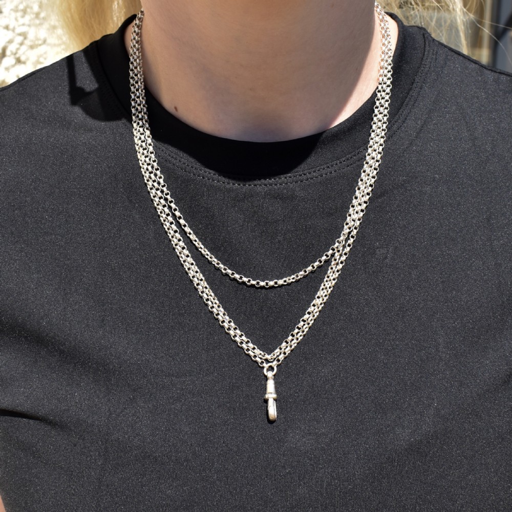 Antique Sterling Silver Long Faceted Guard Chain Necklace 56