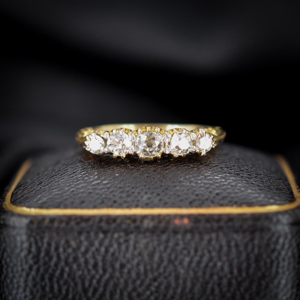 Antique Victorian Old Cut Diamond Five Stone 18ct Yellow Gold Scroll Ring