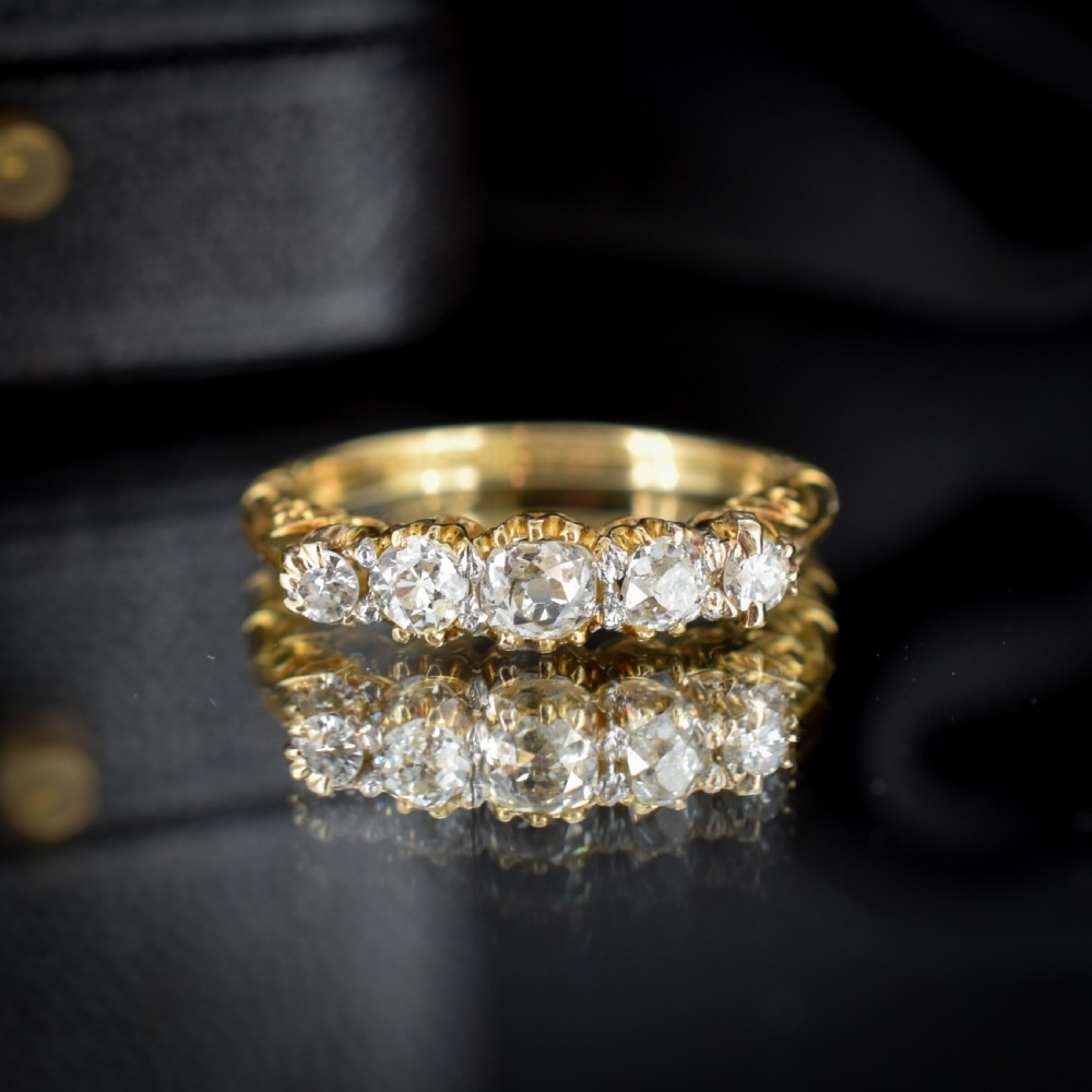 Antique Victorian Old Cut Diamond Five Stone 18ct Yellow Gold Scroll Ring View II
