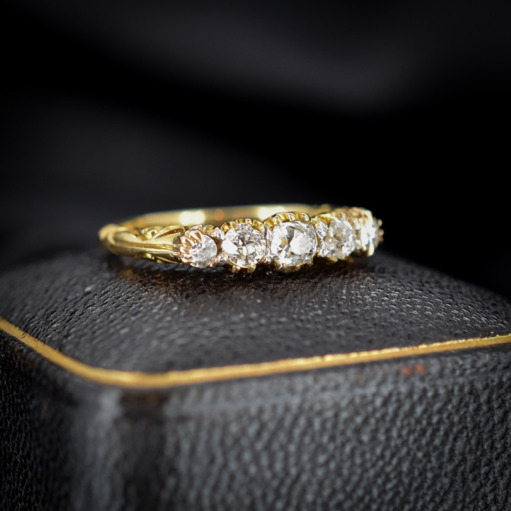 Antique Victorian Old Cut Diamond Five Stone 18ct Yellow Gold Scroll Ring View V