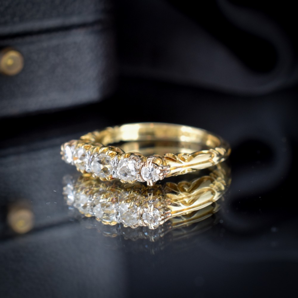 Antique Victorian Old Cut Diamond Five Stone 18ct Yellow Gold Scroll Ring View VI
