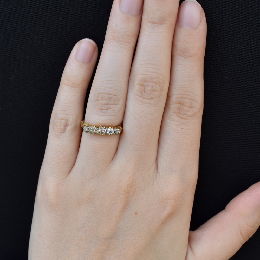 Antique Victorian Old Cut Diamond Five Stone 18ct Yellow Gold Scroll Ring View VIII