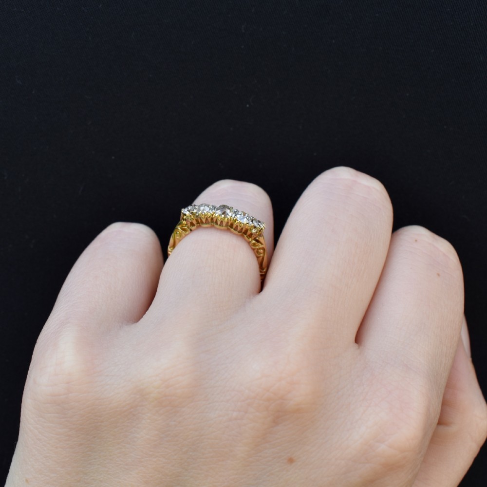 Antique Victorian Old Cut Diamond Five Stone 18ct Yellow Gold Scroll Ring View IX