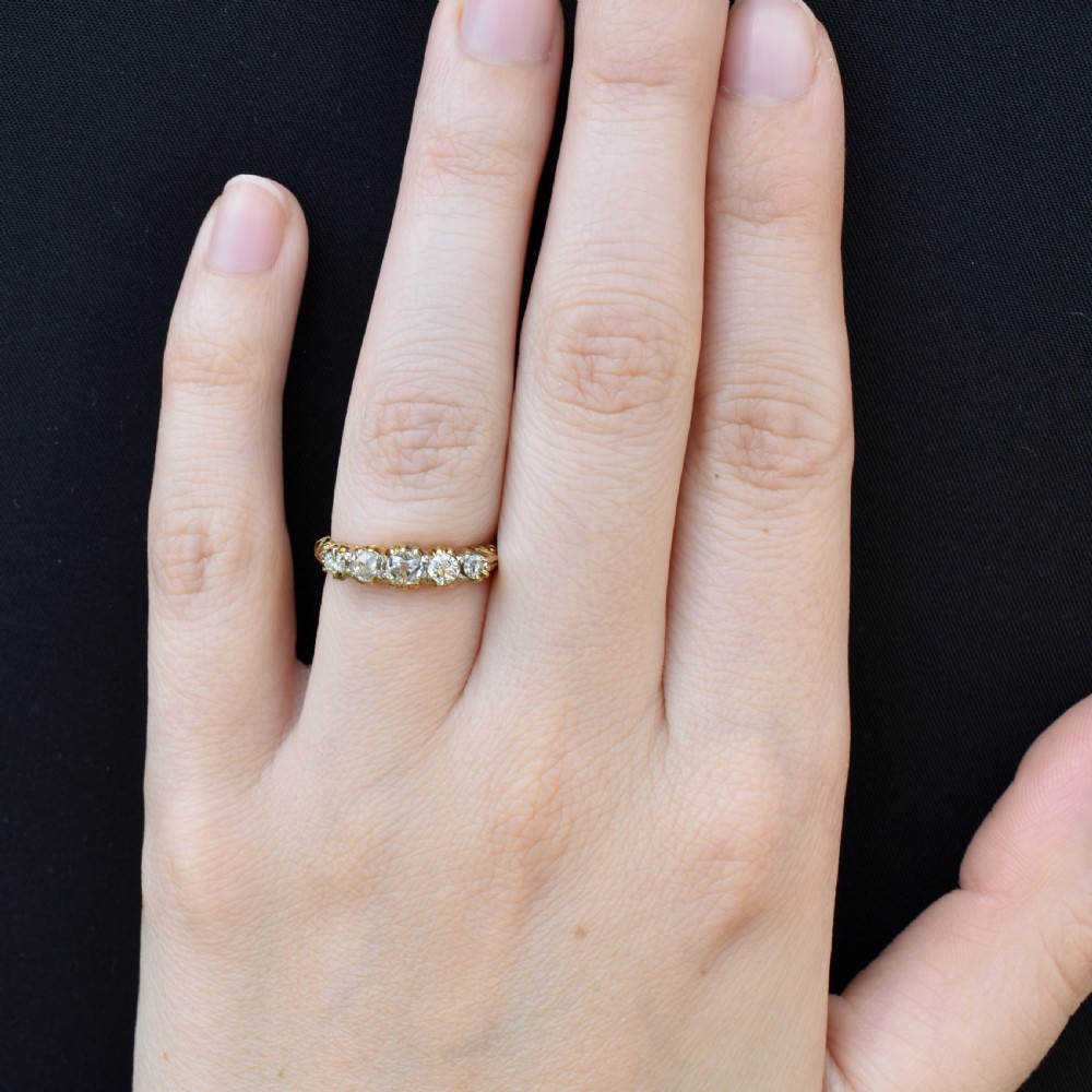 Antique Victorian Old Cut Diamond Five Stone 18ct Yellow Gold Scroll Ring View X