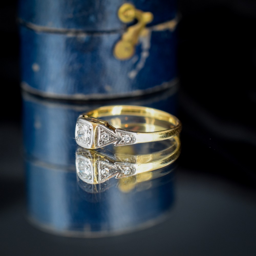 Antique 0.15ct Diamond Square Solitaire 18ct Gold Engagement Ring - Art Deco View VI