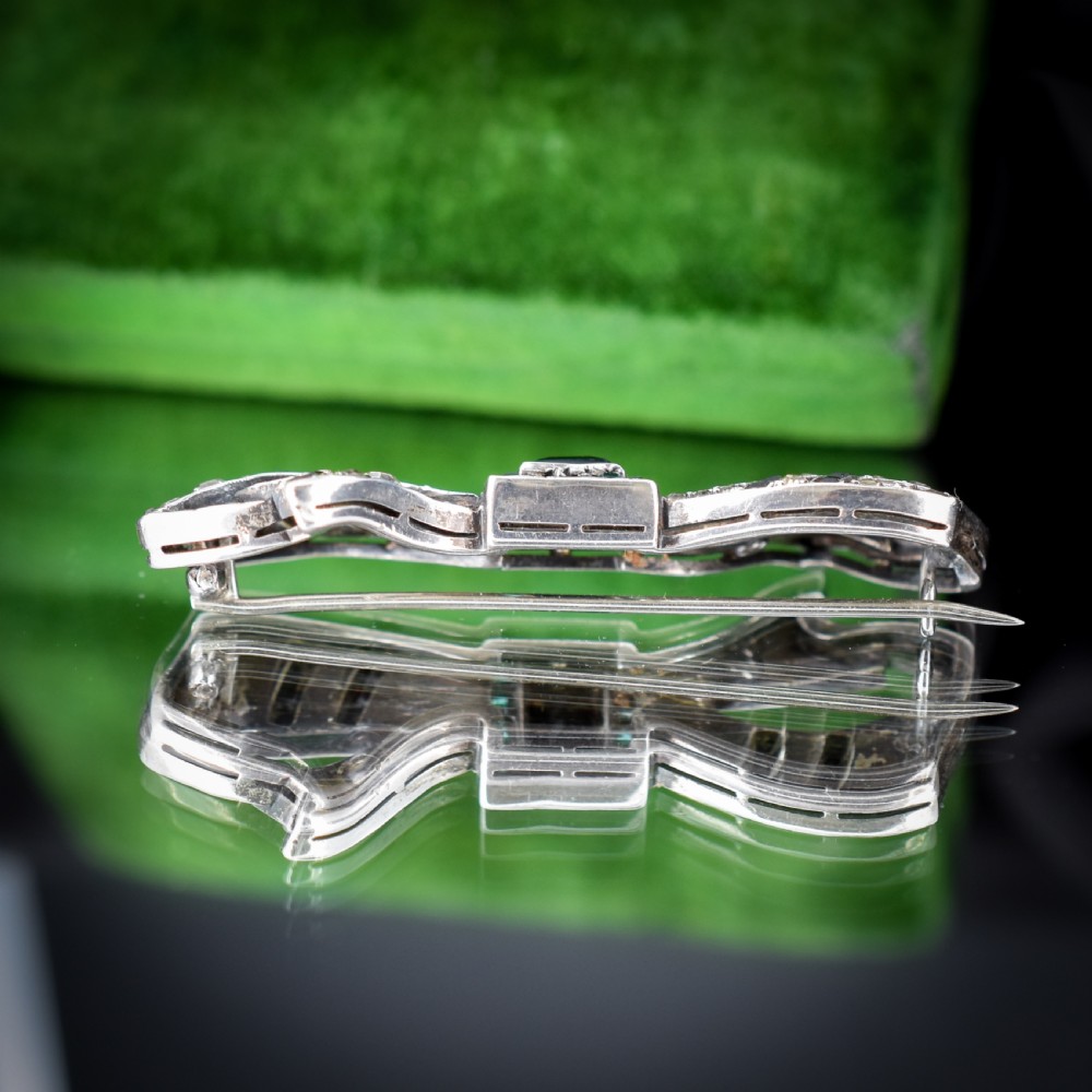 Antique Onyx and Paste Silver Bow Ribbon Brooch Pin View III
