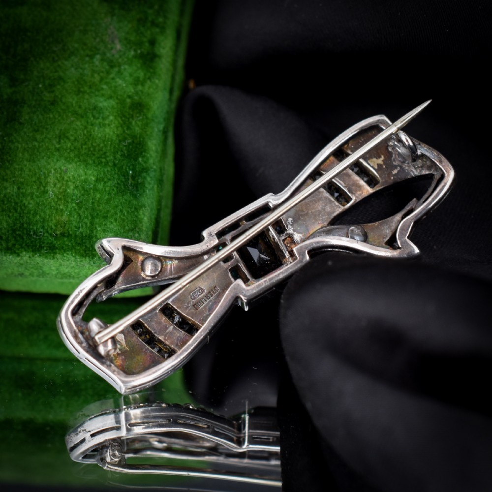 Antique Onyx and Paste Silver Bow Ribbon Brooch Pin View V