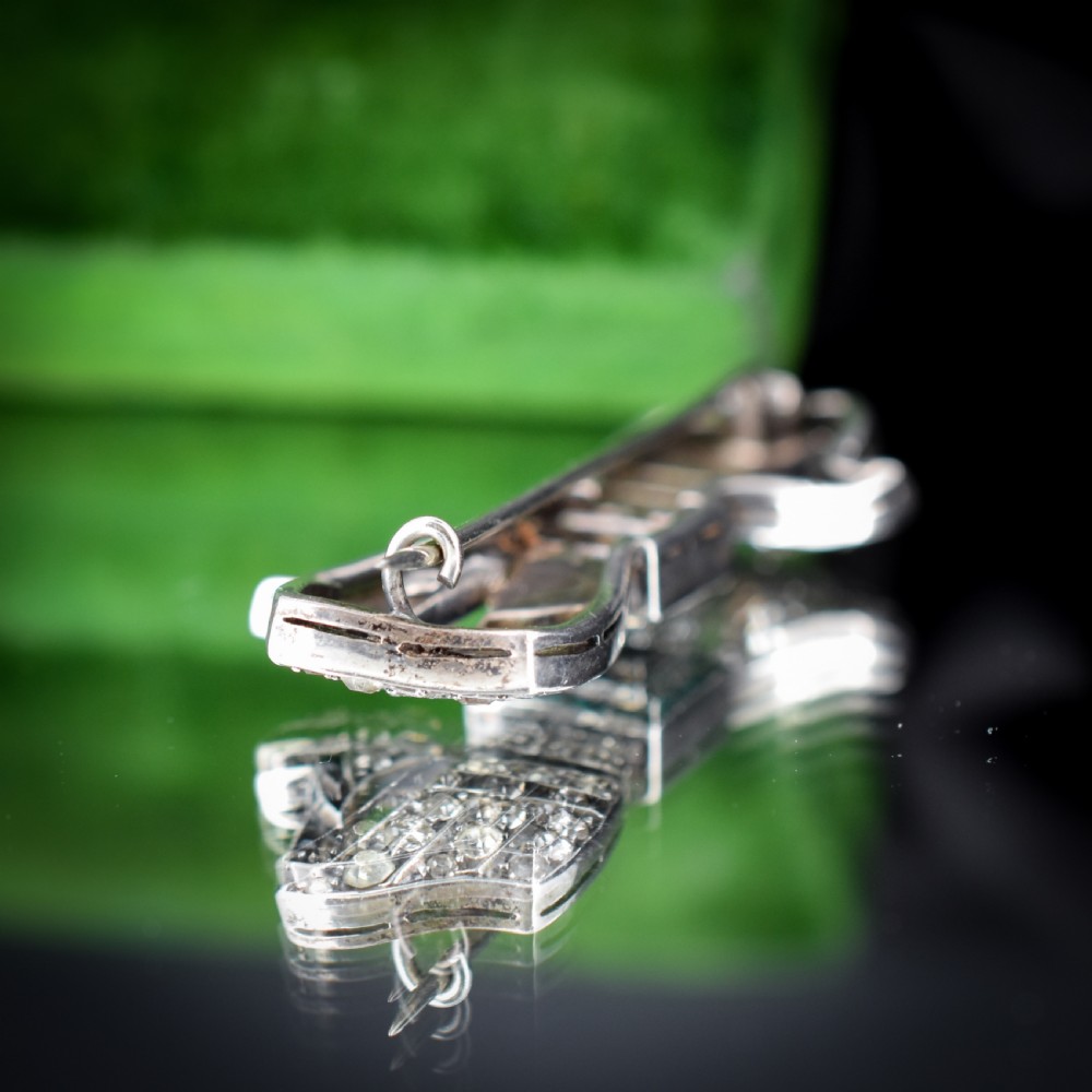 Antique Onyx and Paste Silver Bow Ribbon Brooch Pin View VII
