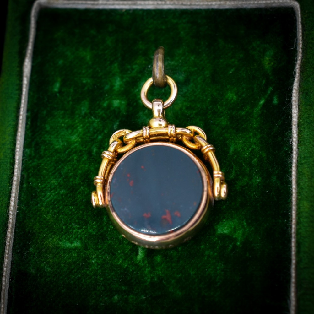 Antique Bloodstone and Carnelian 9ct Gold Spinning Swivel Fob Pendant Dated 1902