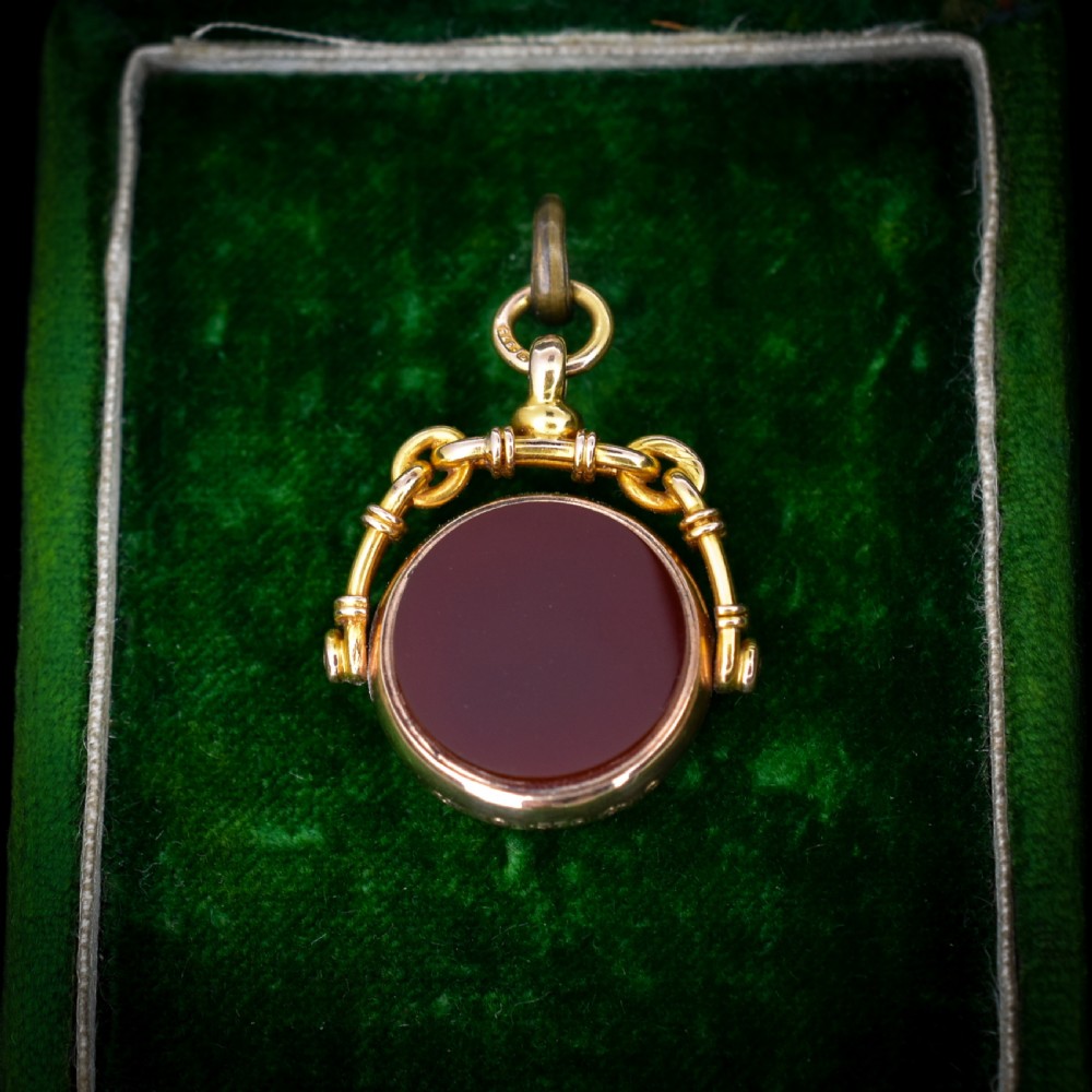 Antique Bloodstone and Carnelian 9ct Gold Spinning Swivel Fob Pendant Dated 1902 View II