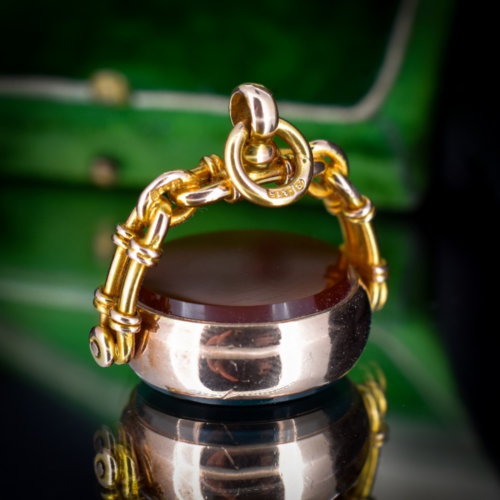 Antique Bloodstone and Carnelian 9ct Gold Spinning Swivel Fob Pendant Dated 1902 View VI