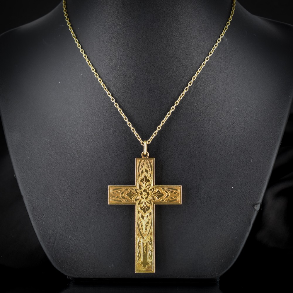Antique Large Engraved Cross Pendant and Chain Necklace