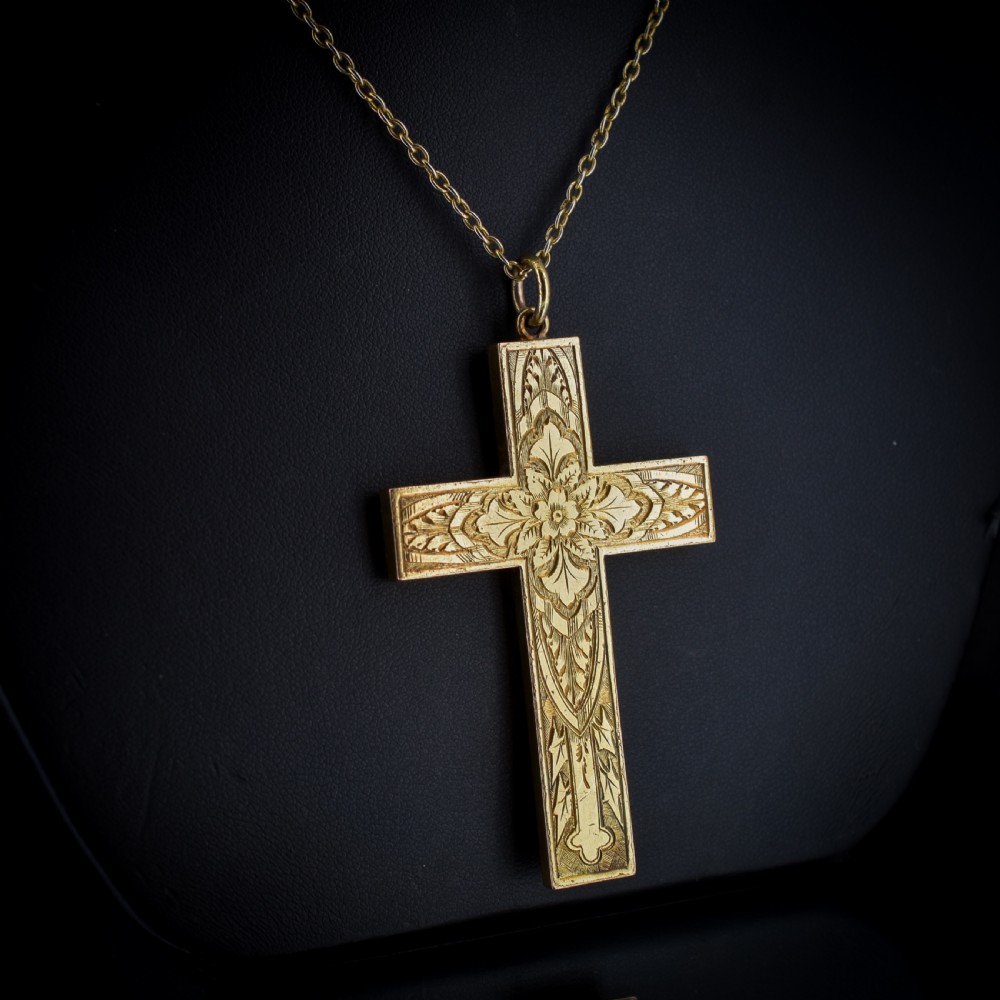 Antique Large Engraved Cross Pendant and Chain Necklace View III