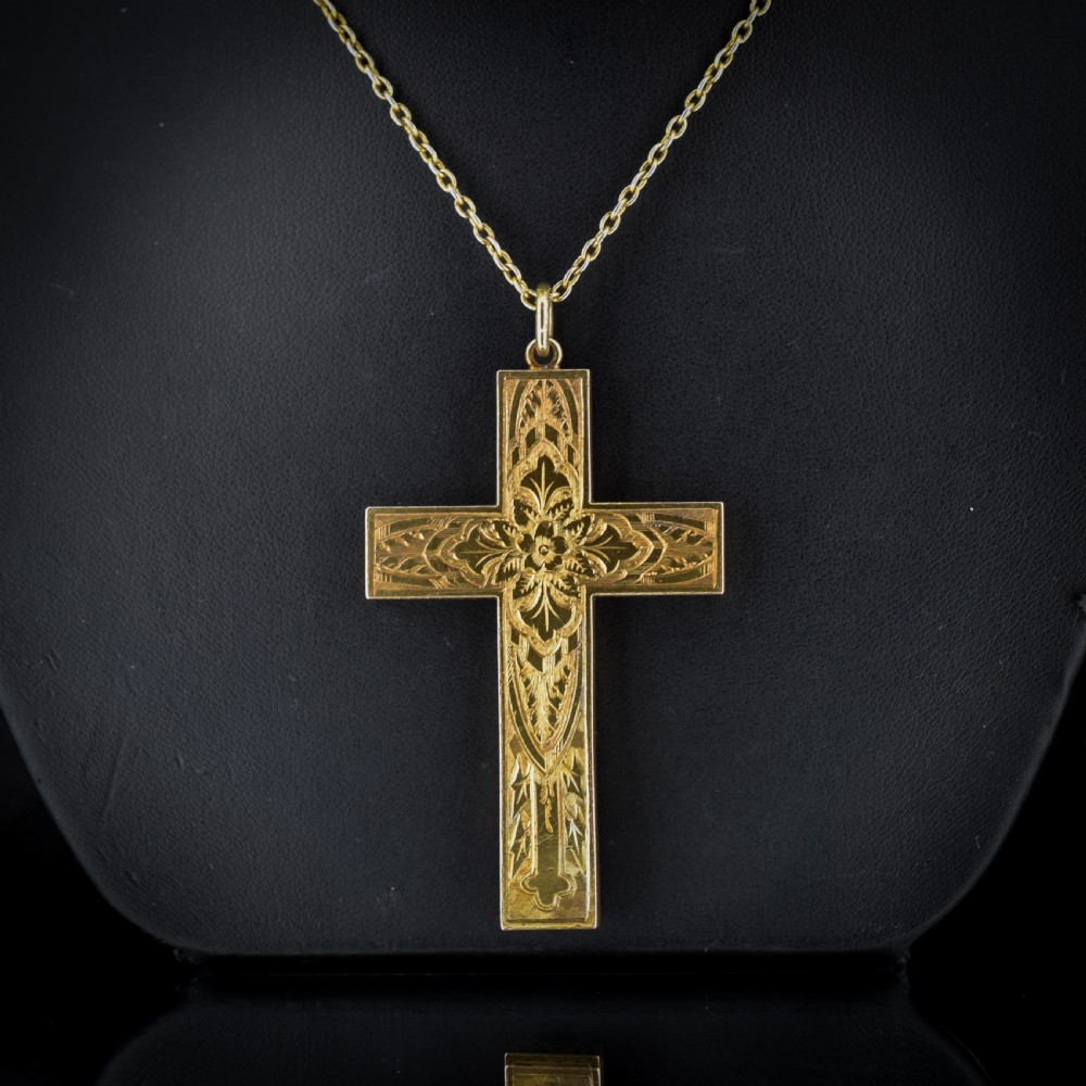 Antique Large Engraved Cross Pendant and Chain Necklace View IV