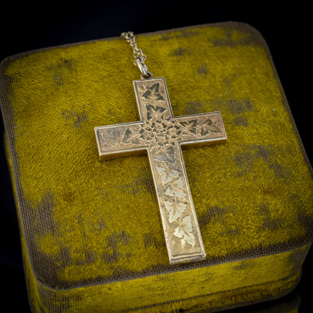 Antique Large Engraved Cross Pendant and Chain Necklace View V