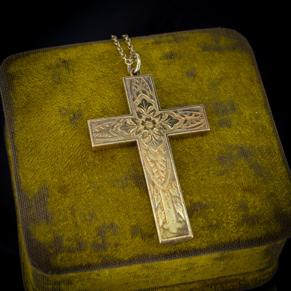 Antique Large Engraved Cross Pendant and Chain Necklace View VI