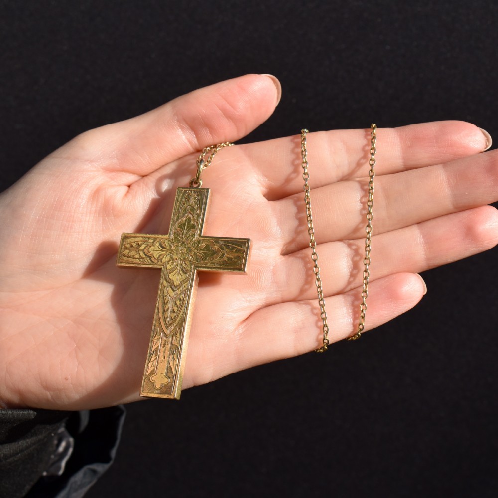 Antique Large Engraved Cross Pendant and Chain Necklace View X
