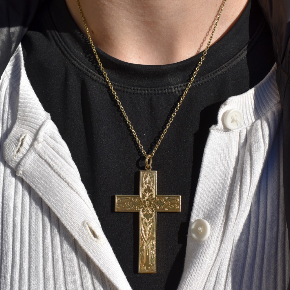 Antique Large Engraved Cross Pendant and Chain Necklace View XI
