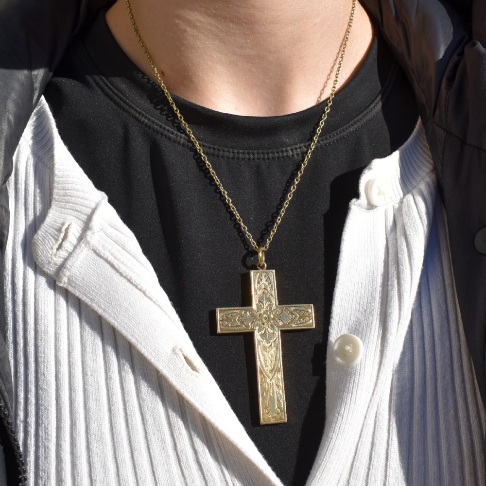 Antique Large Engraved Cross Pendant and Chain Necklace View XII