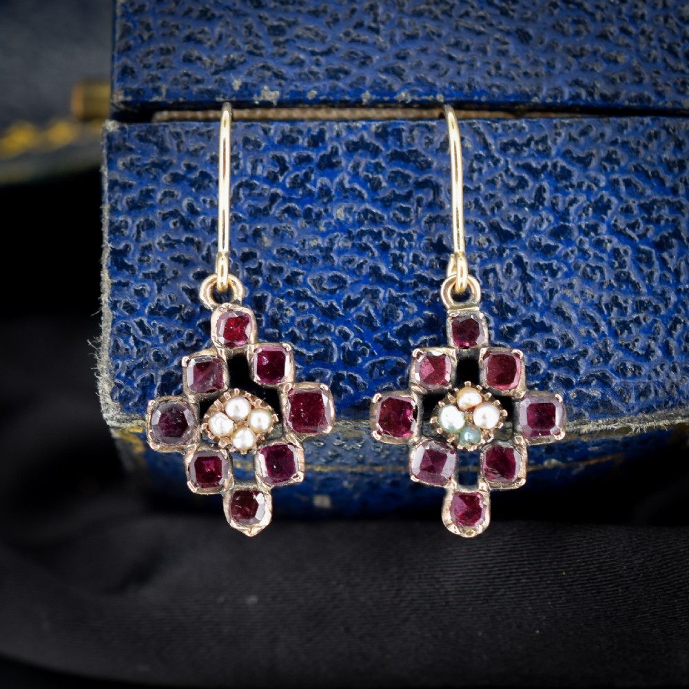 Antique Georgian Flat Cut Garnet and Pearl 9ct Gold Drop Earrings