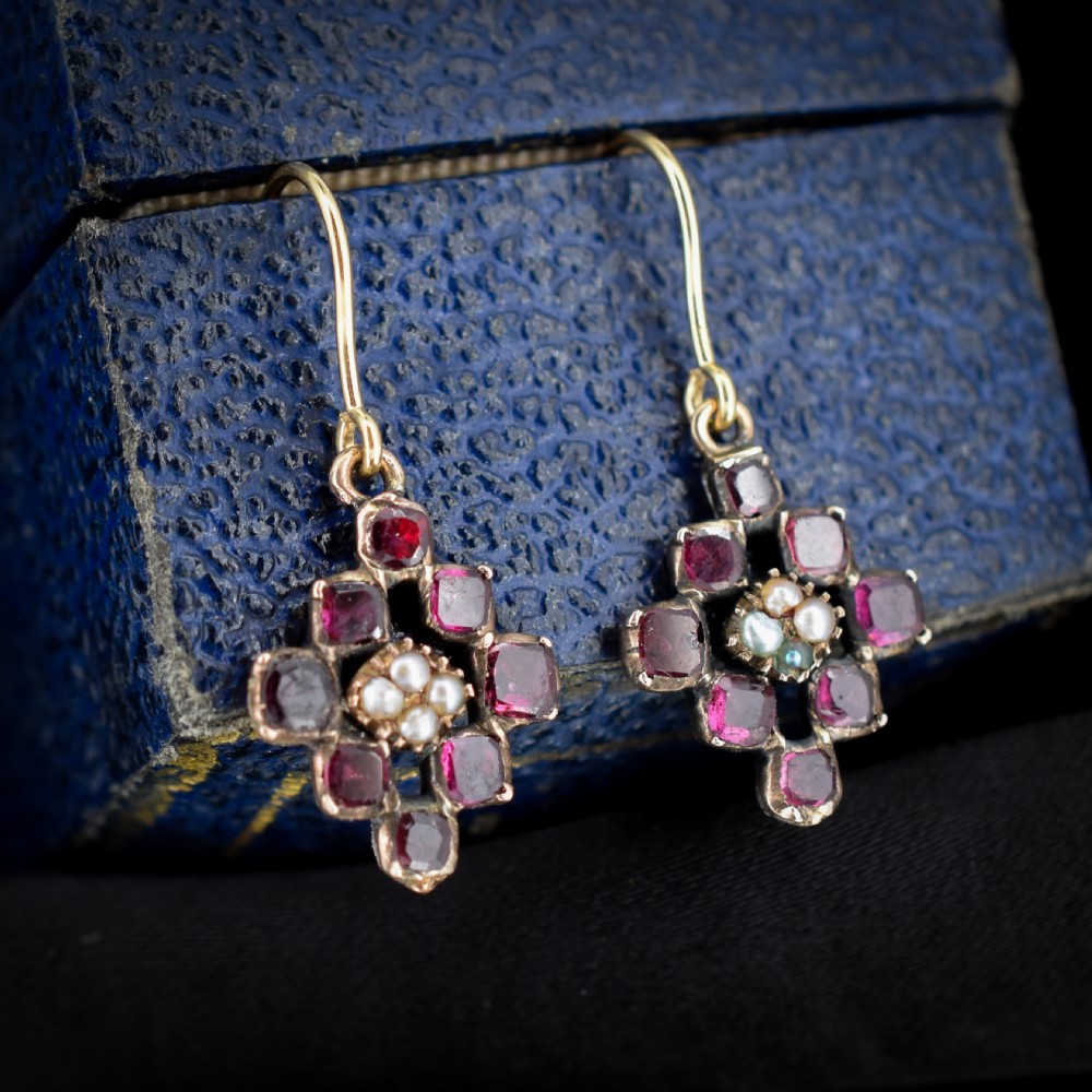 Antique Georgian Flat Cut Garnet and Pearl 9ct Gold Drop Earrings View IV