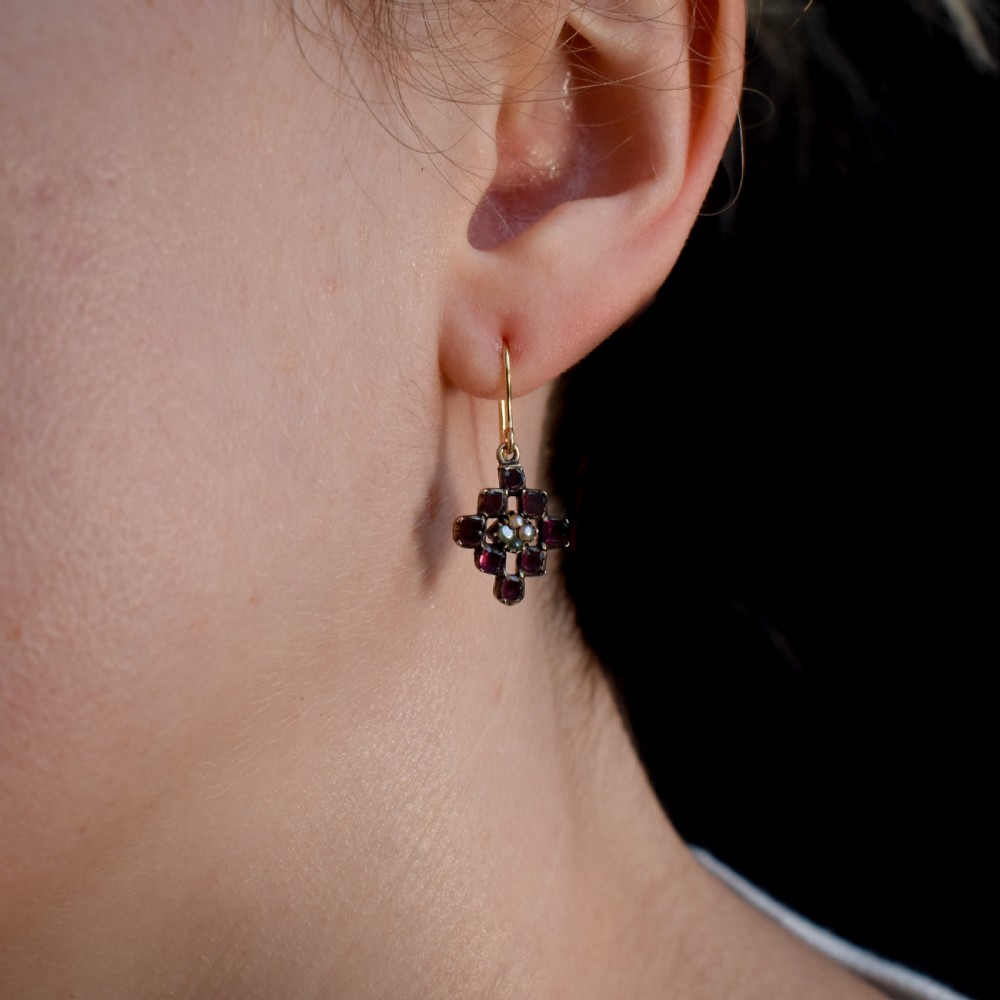 Antique Georgian Flat Cut Garnet and Pearl 9ct Gold Drop Earrings View VII