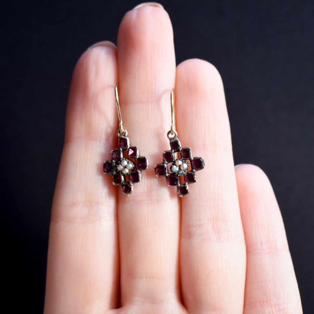 Antique Georgian Flat Cut Garnet and Pearl 9ct Gold Drop Earrings View VIII