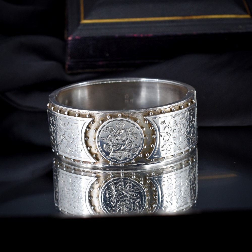 Antique Victorian Sterling Silver Floral Studded Bangle Bracelet View IV