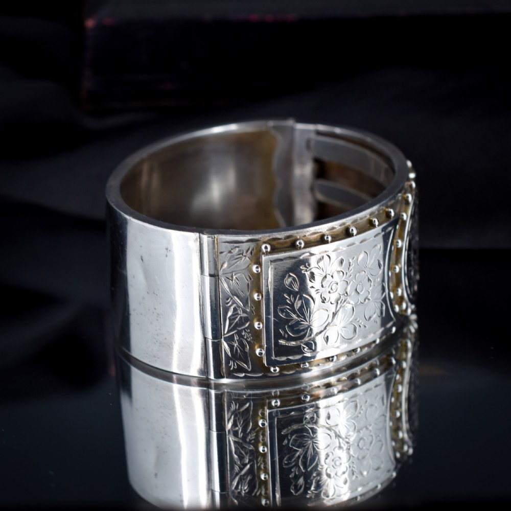 Antique Victorian Sterling Silver Floral Studded Bangle Bracelet View V
