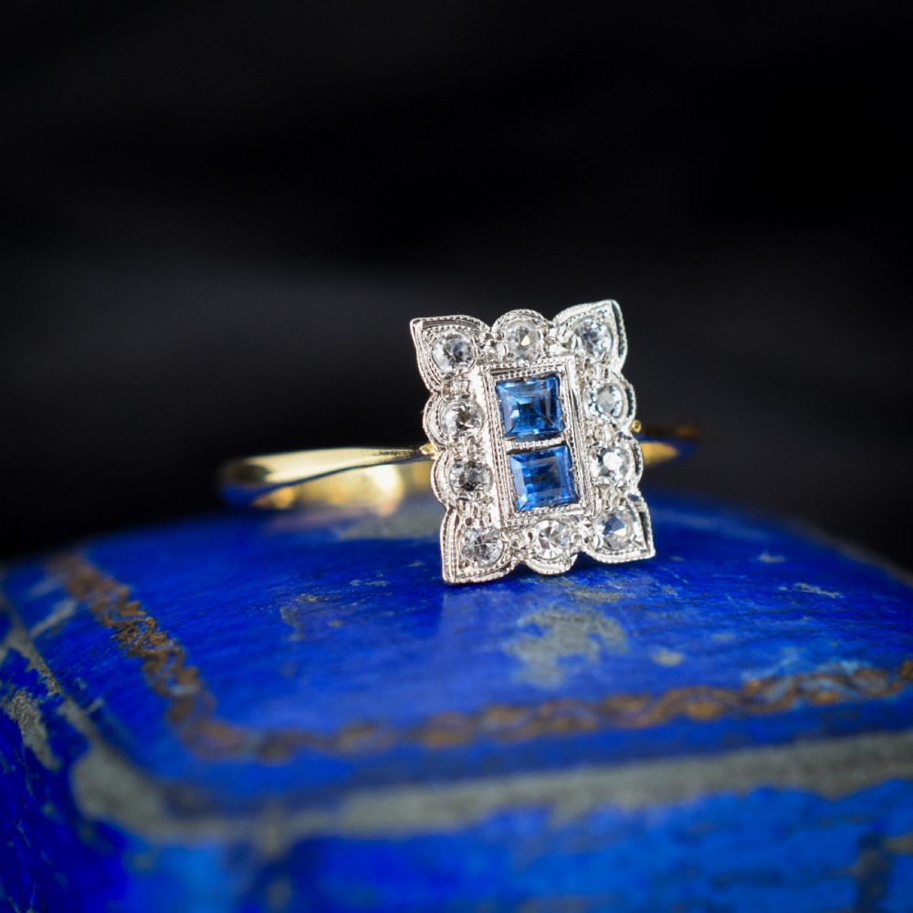 Art Deco Blue Sapphire and Diamond Halo 18ct Yellow Gold and Platinum Ring Chester 1930