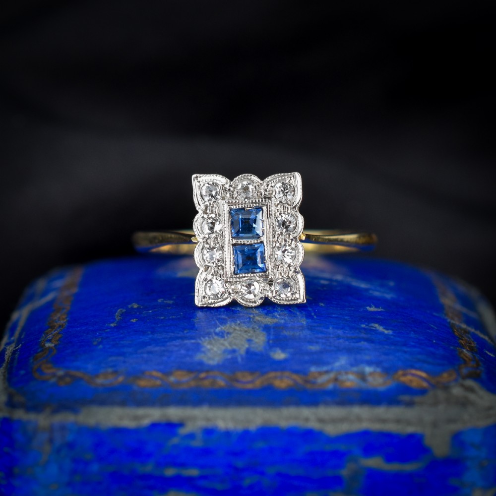 Art Deco Blue Sapphire and Diamond Halo 18ct Yellow Gold and Platinum Ring Chester 1930 View II