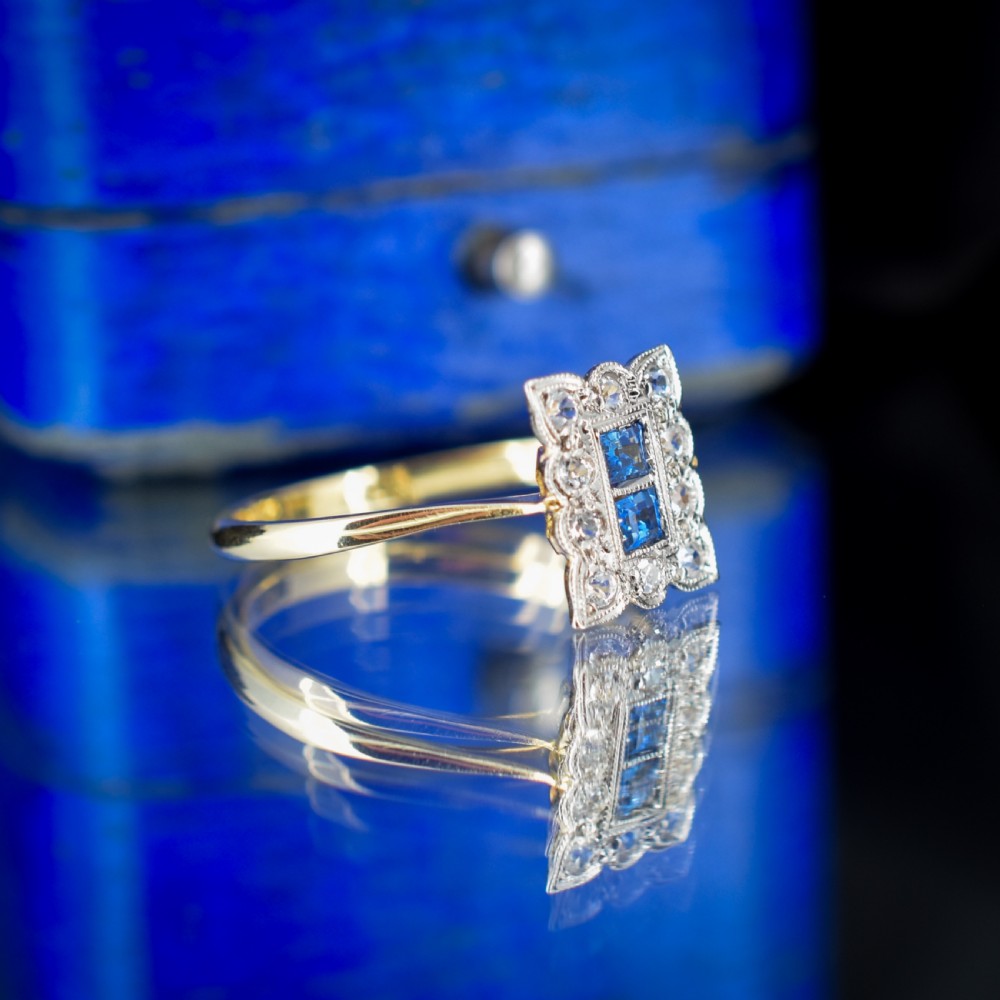 Art Deco Blue Sapphire and Diamond Halo 18ct Yellow Gold and Platinum Ring Chester 1930 View IV