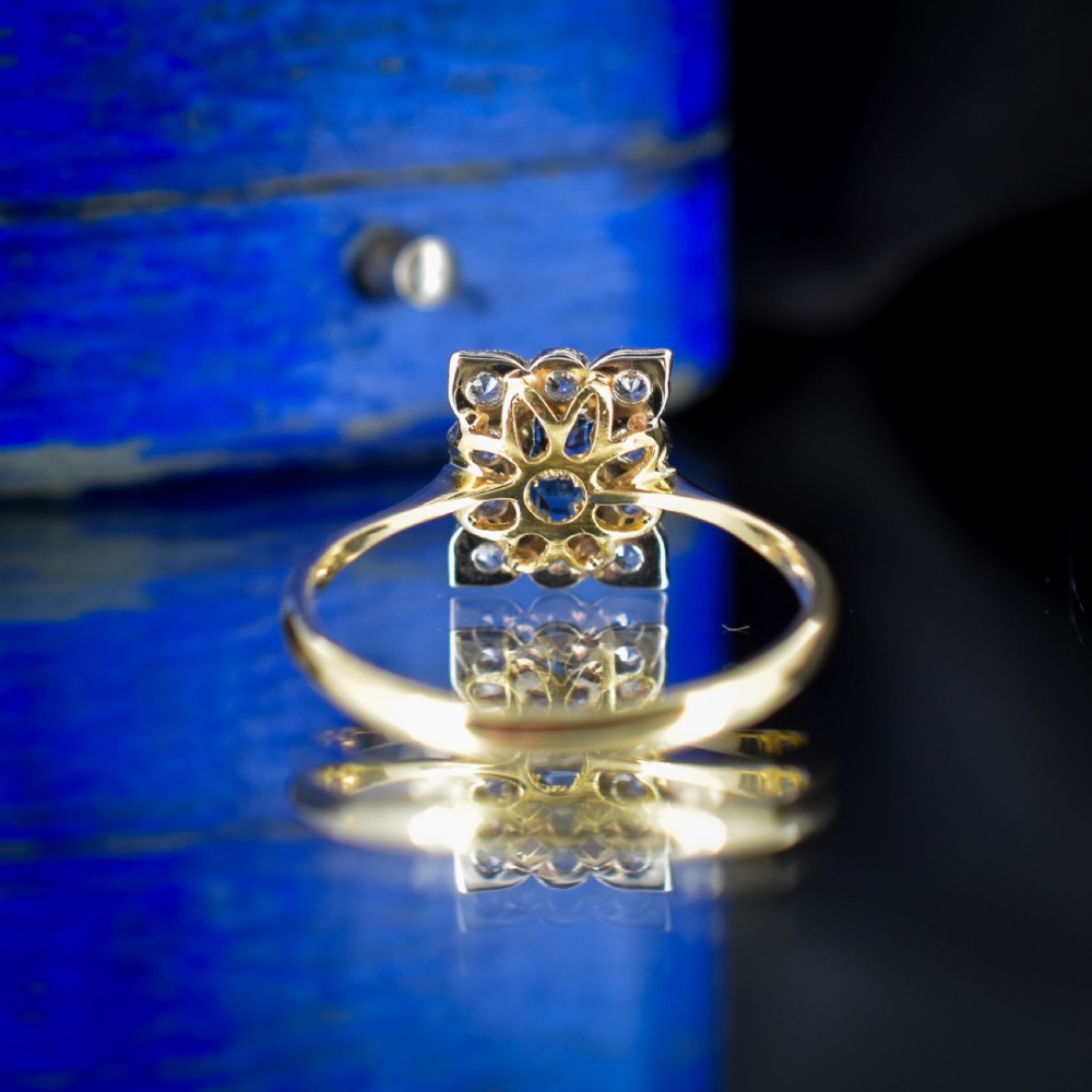 Art Deco Blue Sapphire and Diamond Halo 18ct Yellow Gold and Platinum Ring Chester 1930 View V